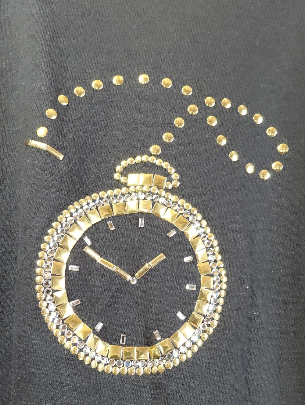 90s Christine Alexander Gold Pocket Watch Bedazzled Black Short Sleeve Tee XL